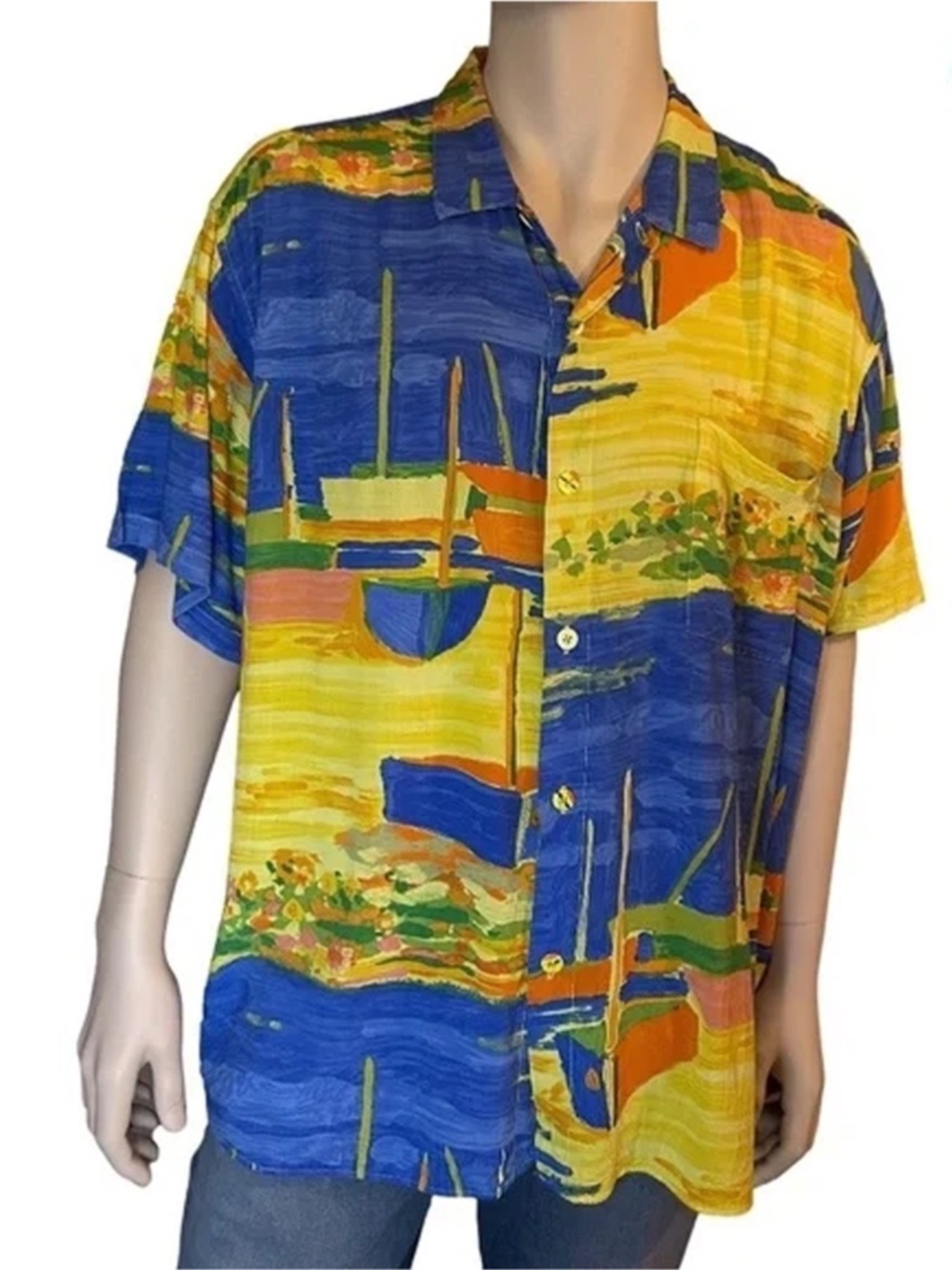 Jams World 100% Rayon Hawaiian Shirt Top Casual Tiki  Full Button Front Colorful